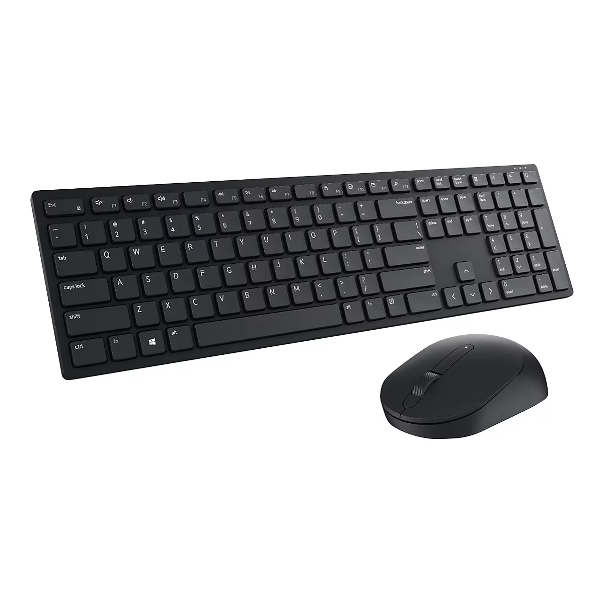 Schwarze Tastatur und Maus vor weißem Hintergrund. Die Tastatur hat viele Tasten. Die Maus hat eine Scrollrad.