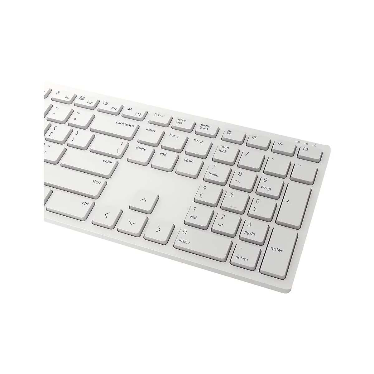 Ein weiÃŸes Keyboard aus der Vogelperspektive. Das Keyboard ist in verschiedene Tastenbereiche unterteilt, mit Buchstaben, Zahlen und Sondertasten.