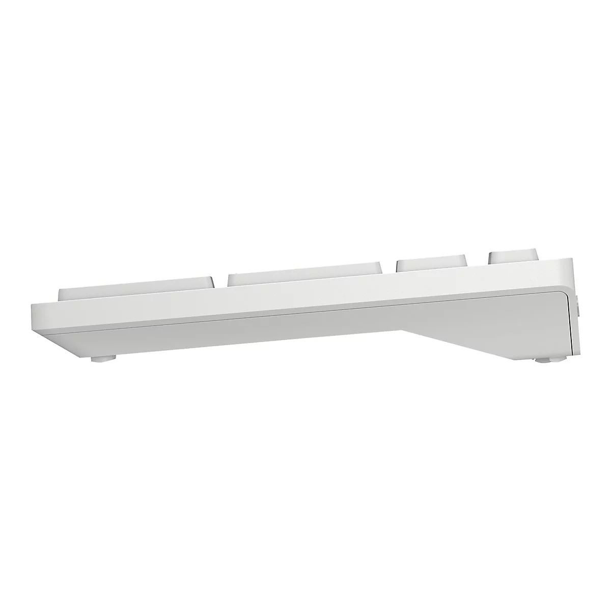 Eine Nahaufnahme einer weiÃŸen Tastatur von unten. Die Tasten sind sichtbar, das GehÃ¤use schrÃ¤g.