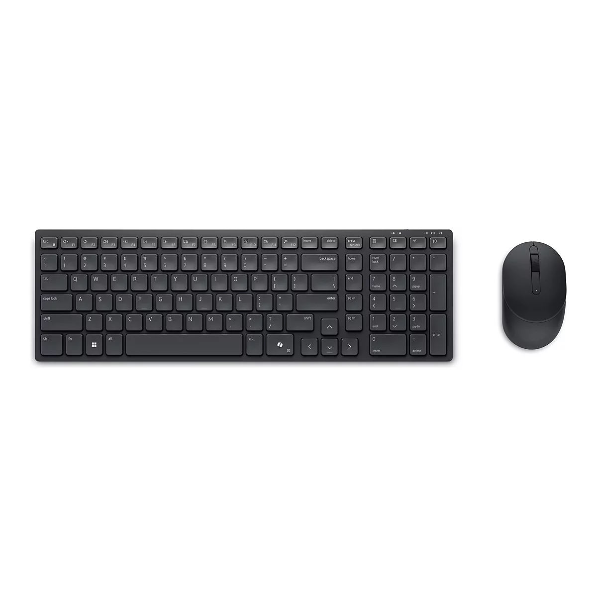 Draufsicht auf ein schwarzes kabelloses Tastatur- und Maus-Set auf weißem Hintergrund. Die Tastatur hat eine rechteckige Form mit abgerundeten Ecken und einer flachen Oberfläche mit weißen Buchstaben und Zahlen auf den Tasten. Die Maus befindet sich re...