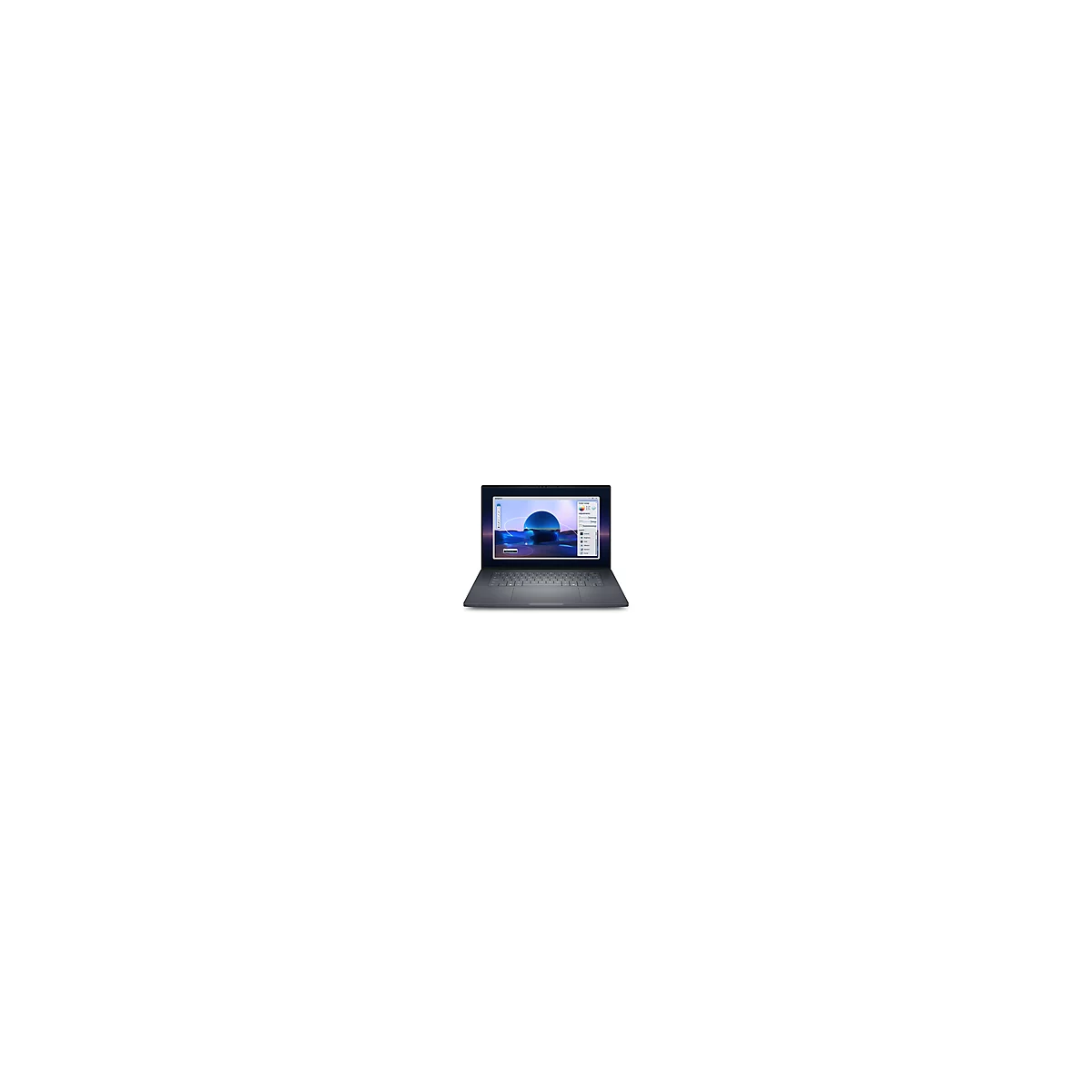 Dunkelgraues Laptop mit geöffnetem Bildschirm. Ein Bildbearbeitungsprogramm zeigt eine blaue Landschaft mit einem Halbkreis.