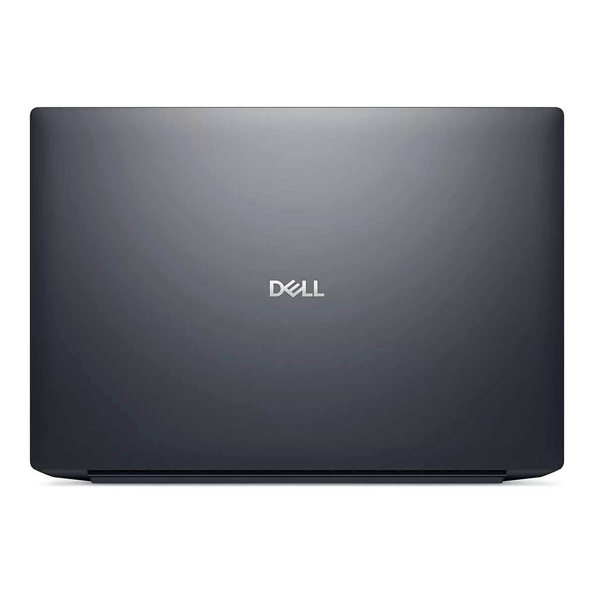 Dunkelgraues Dell-Laptop-Cover mit silbernem Logo. Klare Linien und abgerundete Ecken.