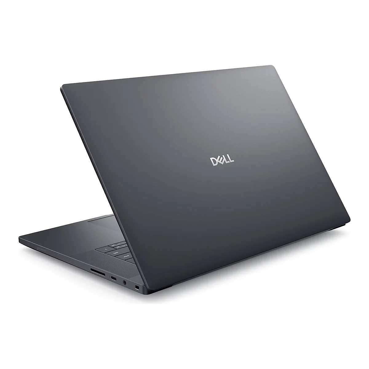Dunkelgraues Notebook mit Dell-Logo, geöffnet auf weißem Hintergrund. Der Winkel zeigt die Rückseite.