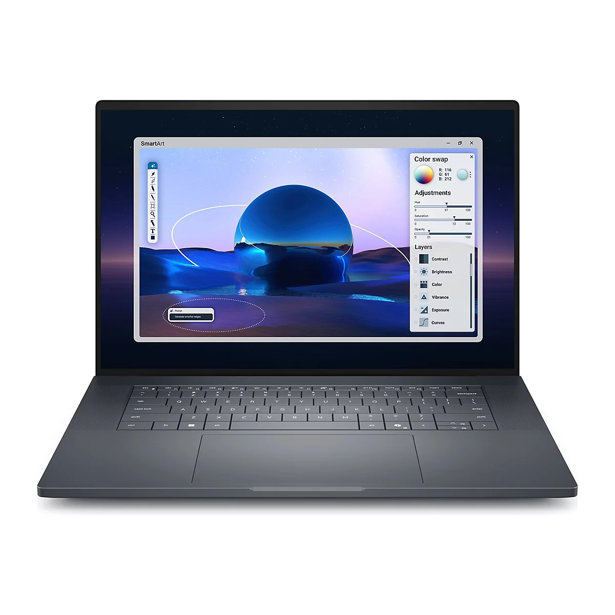 Ein Laptop mit offenem Bildschirm, auf dem die SmartArt-Anwendung läuft. Auf dem Bildschirm ist ein Farbtausch-Fenster zu sehen, zusammen mit anderen Bearbeitungswerkzeugen.