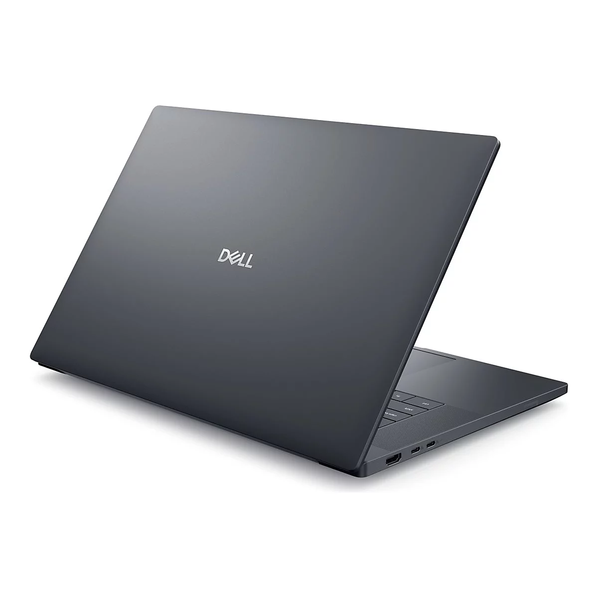 Dunkelgraues Dell-Laptop, leicht geöffnet, vor weißem Hintergrund. Das Dell-Logo ist sichtbar.