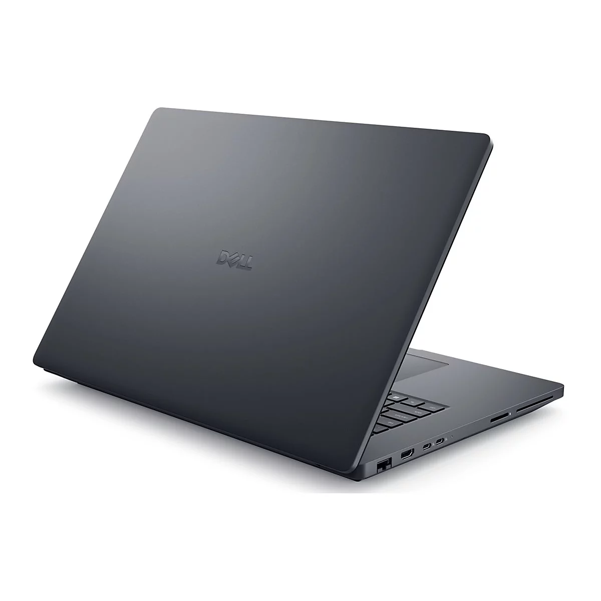 Dunkelgraues Dell-Laptop mit geöffnetem Bildschirm. Das Dell-Logo ist auf der Außenseite zu sehen.