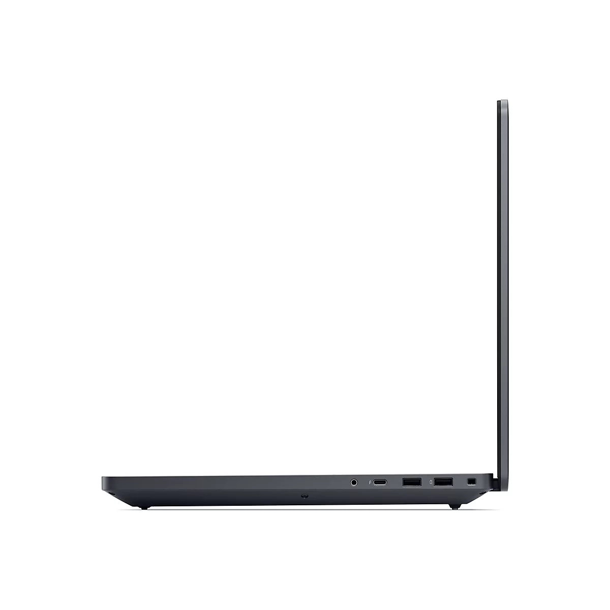 Dunkelgraues Laptop-Profil, Ports auf der linken Seite. Offener Bildschirm, gegen weißen Hintergrund.