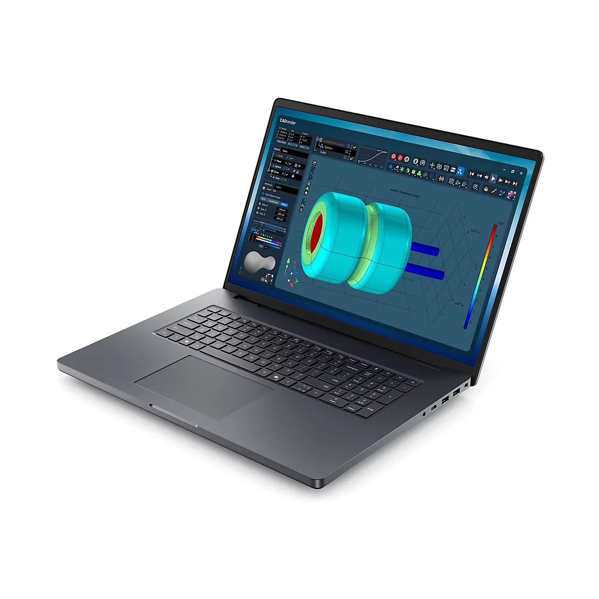 Dunkler Laptop mit geöffnetem Display. Auf dem Bildschirm ist ein 3D-Modell mit blauen, grünen und roten Details zu sehen.
