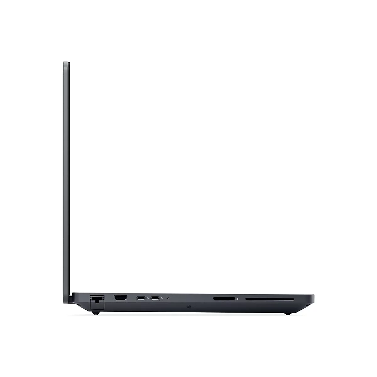 Schwarzer Laptop, Seitenansicht. Anschlüsse: USB, HDMI, Audio, SD-Kartenleser. Schlankes Design mit flacher Oberseite.