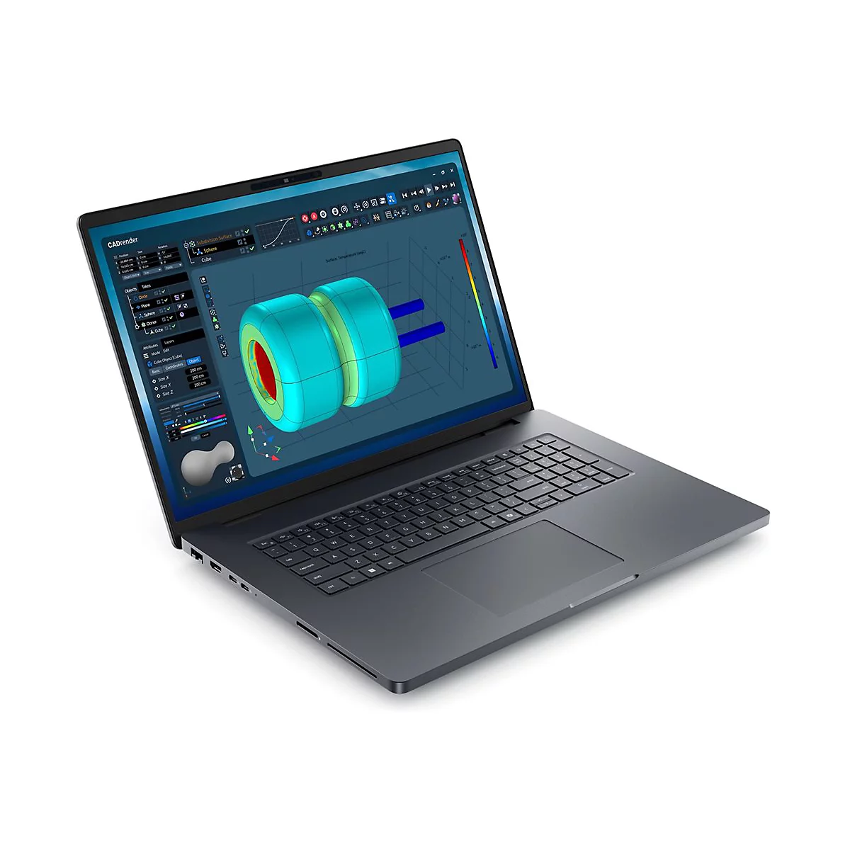 Dunkelgrauer Laptop mit 3D-Modellierung, auf dem Bildschirm werden technische Daten angezeigt.