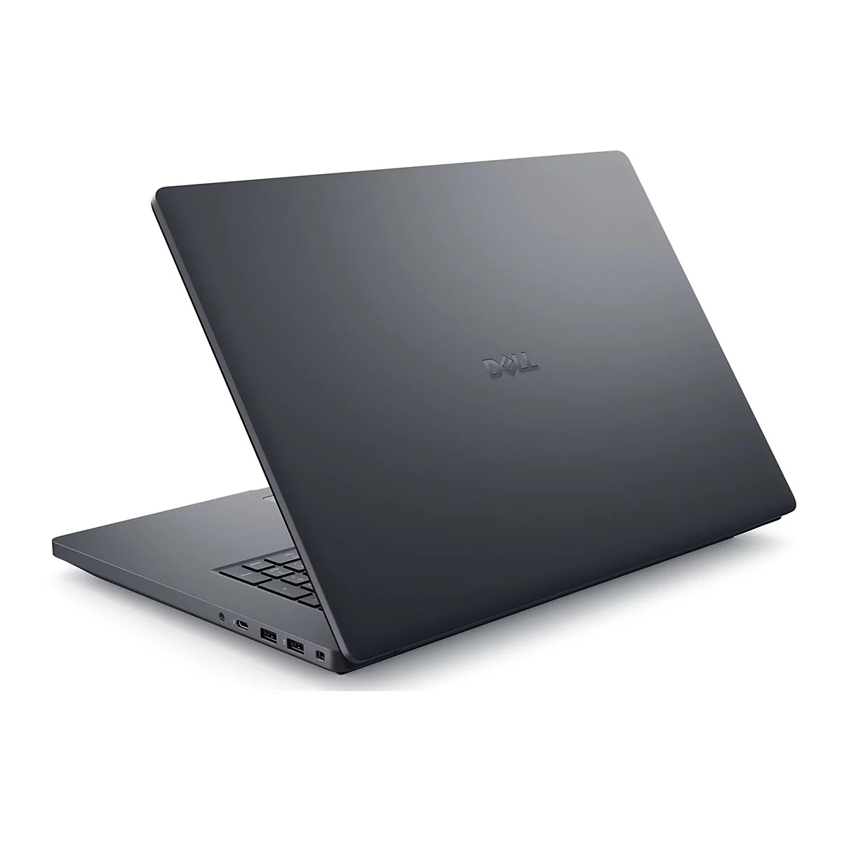Dunkelgraues Dell-Laptop, leicht schräg von hinten fotografiert. Das Dell-Logo ist sichtbar.