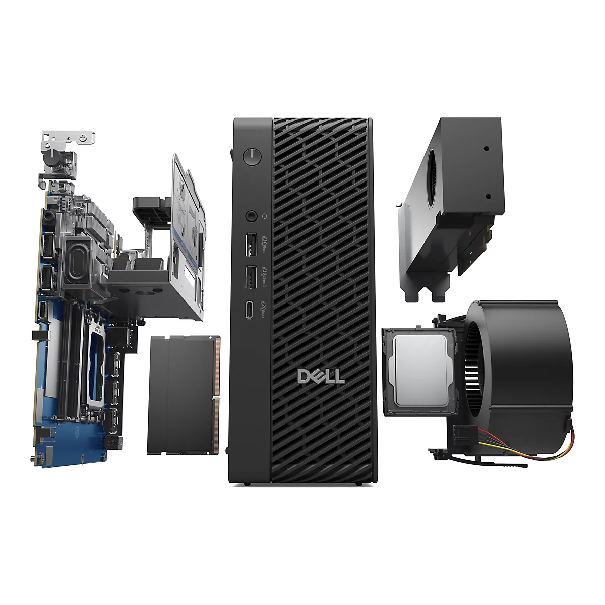 Schwarzer Desktop-Computer von Dell, teilweise in Einzelteilen dargestellt.