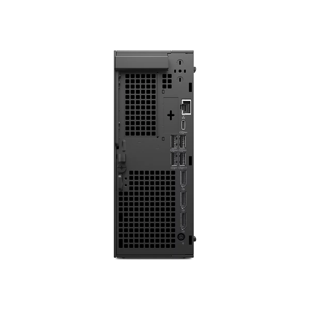Schwarzer Desktop-Computer von hinten, mit verschiedenen Anschlüssen, inklusive LAN und USB.