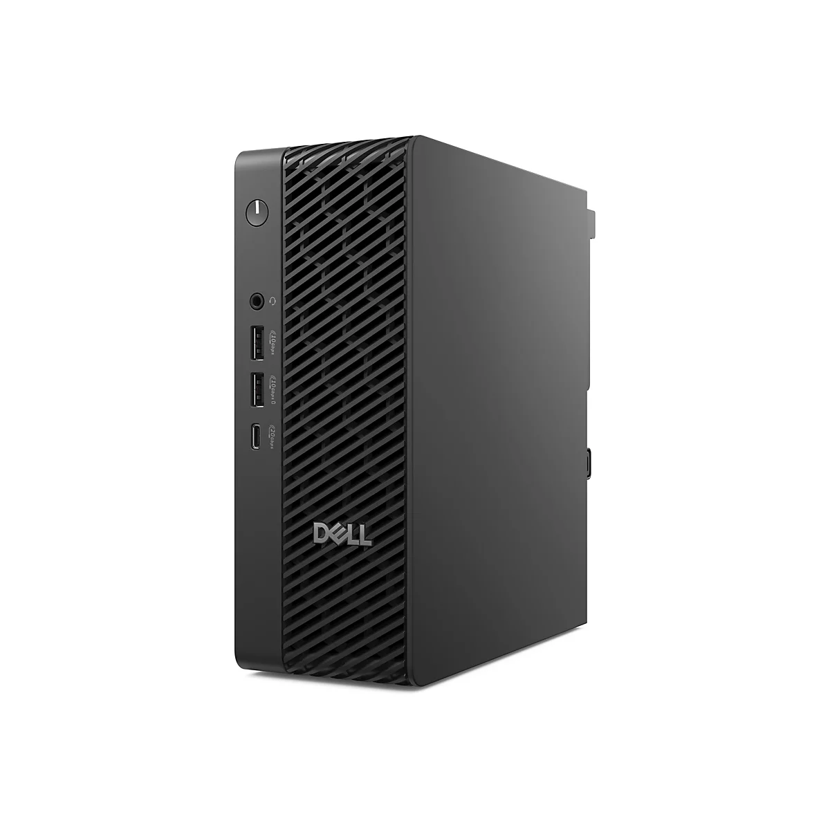 Ein schwarzer Dell Mini-PC vor weißem Hintergrund. Auf der Vorderseite befinden sich Anschlüsse und das Dell-Logo.