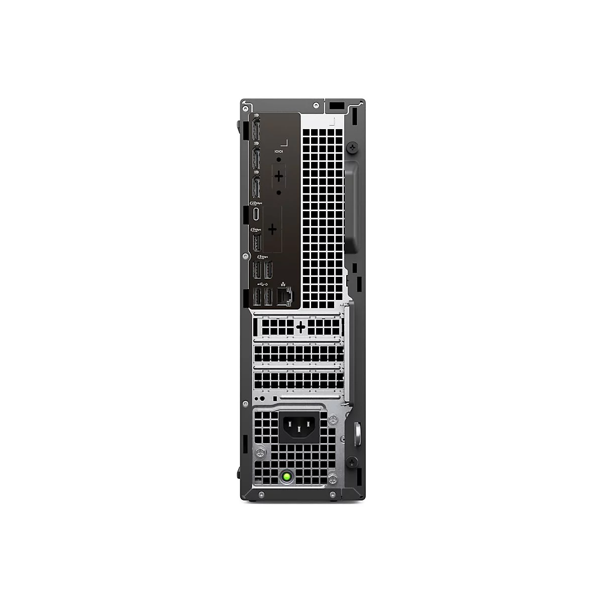 Rückseite eines schwarzen Desktop-Computers mit Anschlüssen, Lüftungsschlitzen und Stromanschluss. Ein grüner Power-Knopf ist zu sehen.