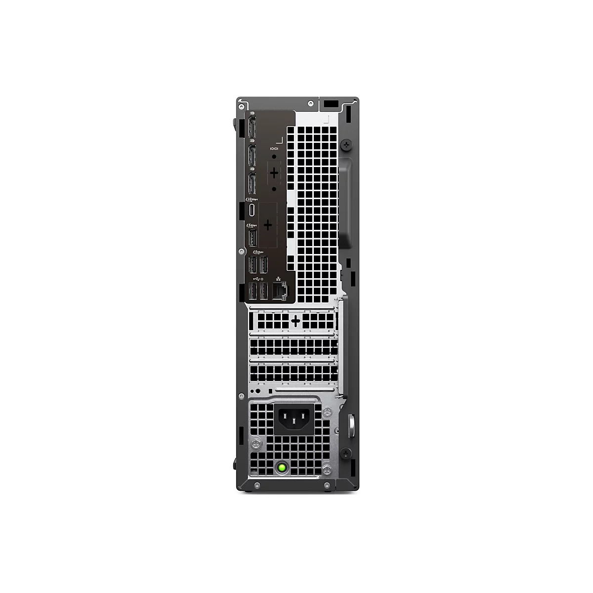 Rückseite eines schwarzen PCs mit Anschlüssen für Bildschirme, USB und Stromanschluss. Unten ein grüner Power-Knopf.