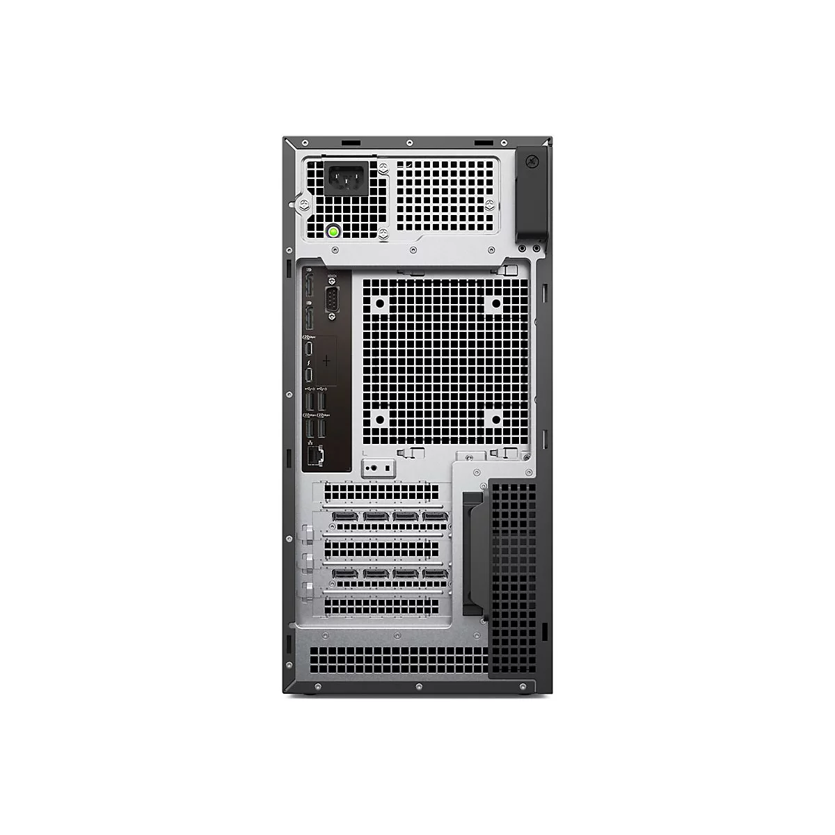 Rückseite eines schwarzen Desktop-Computers mit Anschlüssen, Lüftungsschlitzen und Steckdosen.