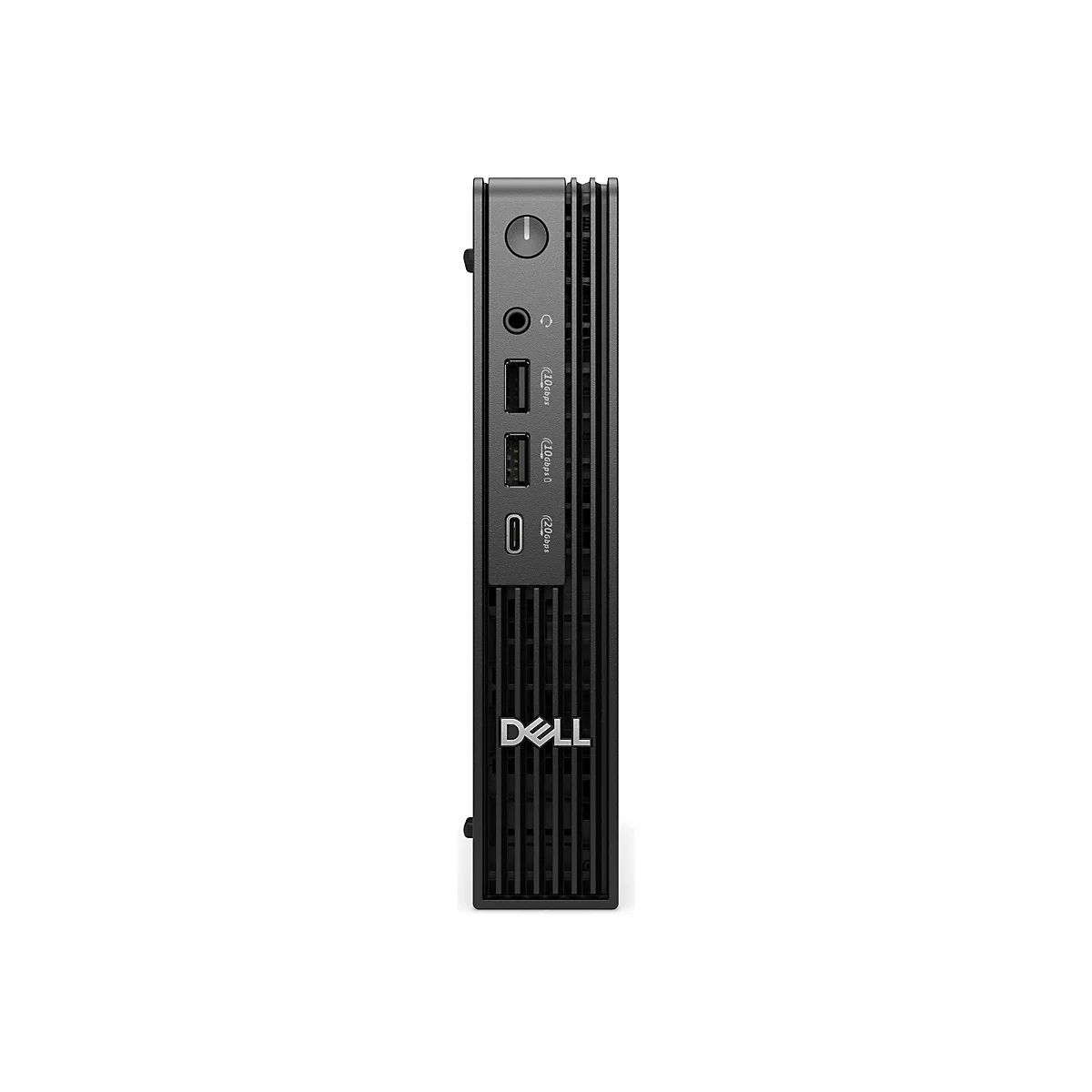 Schwarzer Dell-Mini-PC, frontal. Oben Ein-/Ausschalter, Klinkenanschluss, USB-Anschlüsse, USB-C-Anschluss. Unten Dell-Logo.