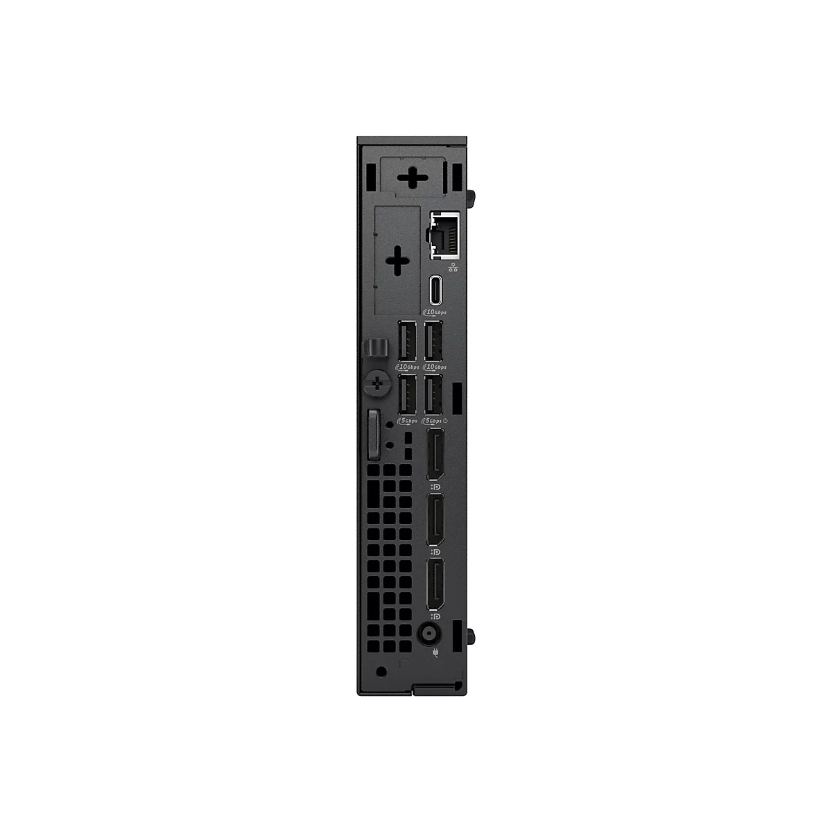 Die Rückseite eines schwarzen Mini-PCs mit verschiedenen Anschlüssen. Dazu gehören Netzwerkanschlüsse, USB-Anschlüsse und DisplayPorts.