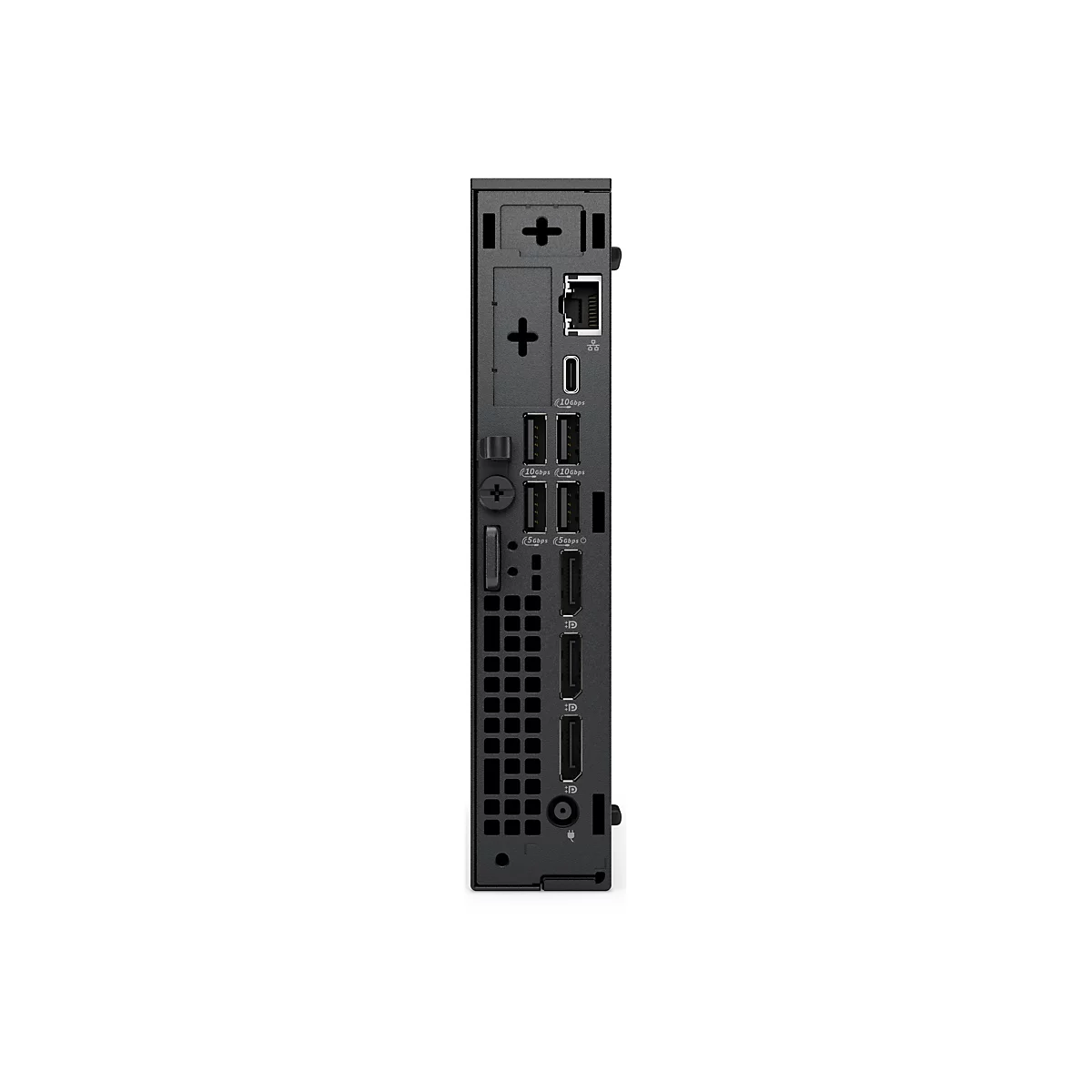 Arrière d'un ordinateur de bureau noir avec différents ports, dont USB, Ethernet et DisplayPorts.