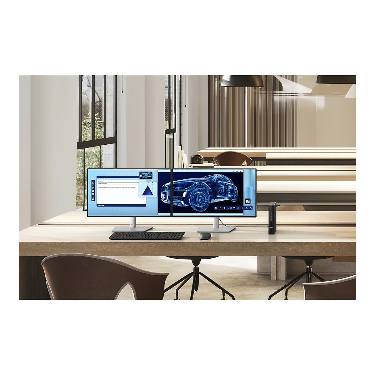 Ein Doppelmonitor mit CAD-Anwendung und E-Mail-Anwendung steht auf einem Schreibtisch im Büro. Maus und Tastatur sind vorhanden.