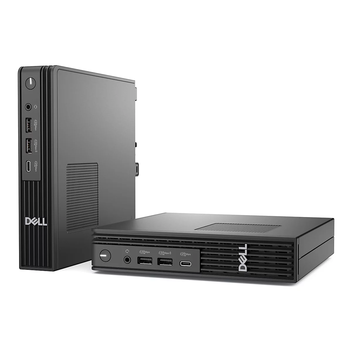 Zwei schwarze Dell-Mini-Computer. Einer steht, der andere liegt. Vorderseite: USB-Anschlüsse, Audioanschluss und Power-Taste.