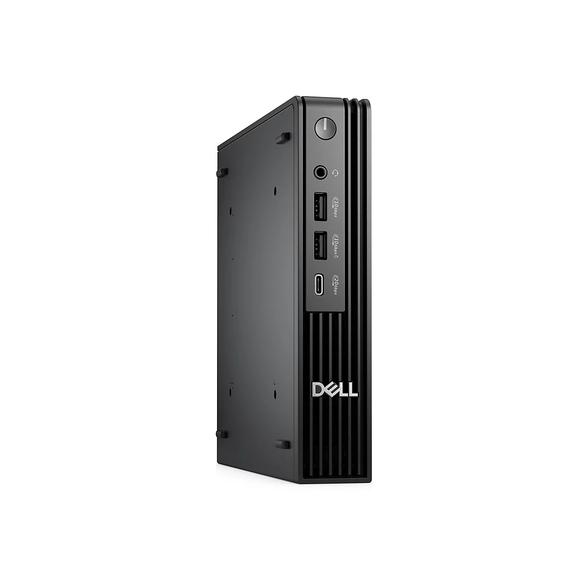 Mini PC Dell noir avec ports et bouton d'alimentation. Le logo Dell est visible en bas.