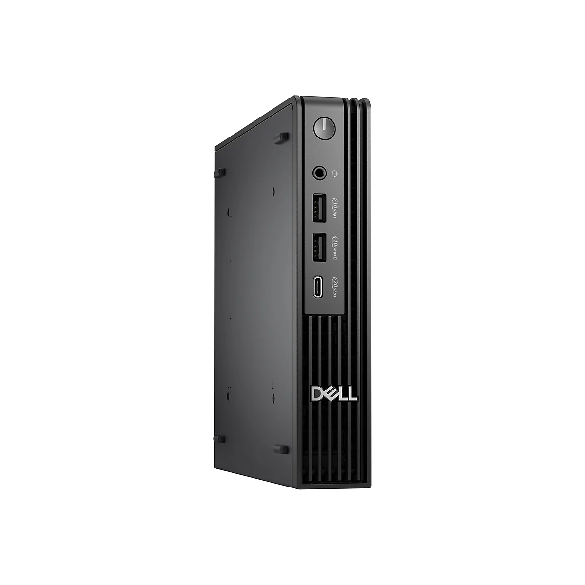 Ein schwarzer Dell-PC-Tower vor weißem Hintergrund. Sichtbar sind Anschlüsse, Ein-/Aus-Schalter und das Dell-Logo.