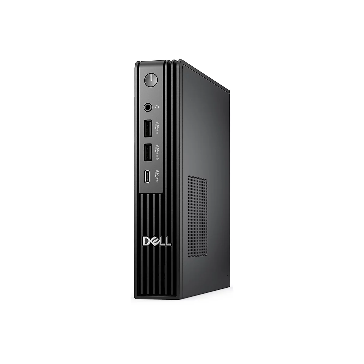 Mini PC Dell noir, vue de côté. Un bouton d'alimentation et des ports sont situés en haut.