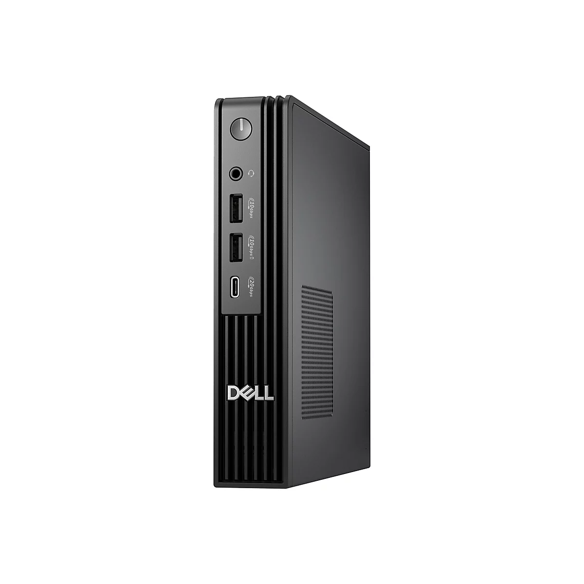 Schwarzer Dell Mini-PC vor weißem Hintergrund. Sichtbar sind Anschlüsse, USB und Audiobuchse.