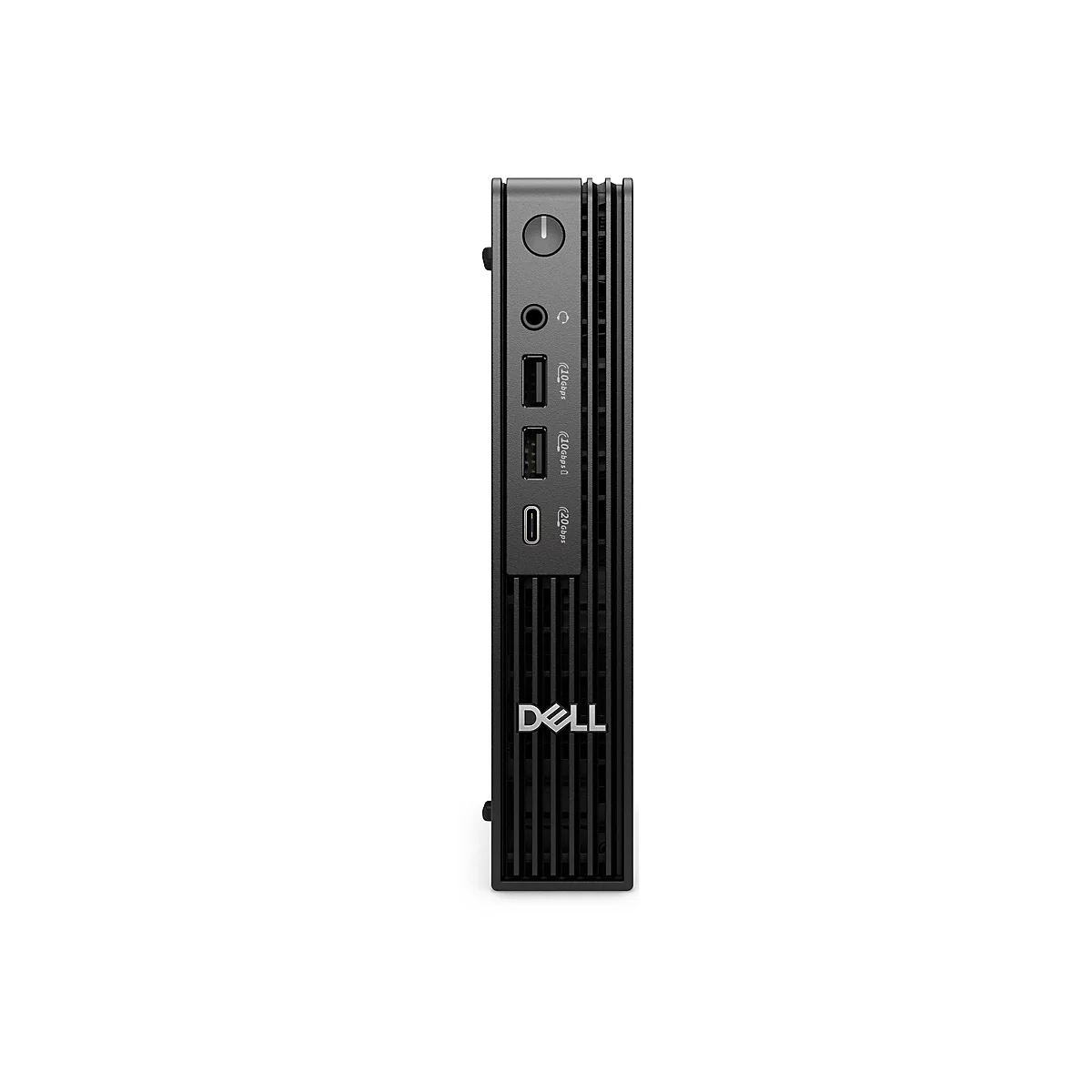 Mini-PC Dell noir, vue latérale. En haut : bouton d'alimentation, prise jack, 2x USB, USB-C et prise casque. Logo Dell en bas.