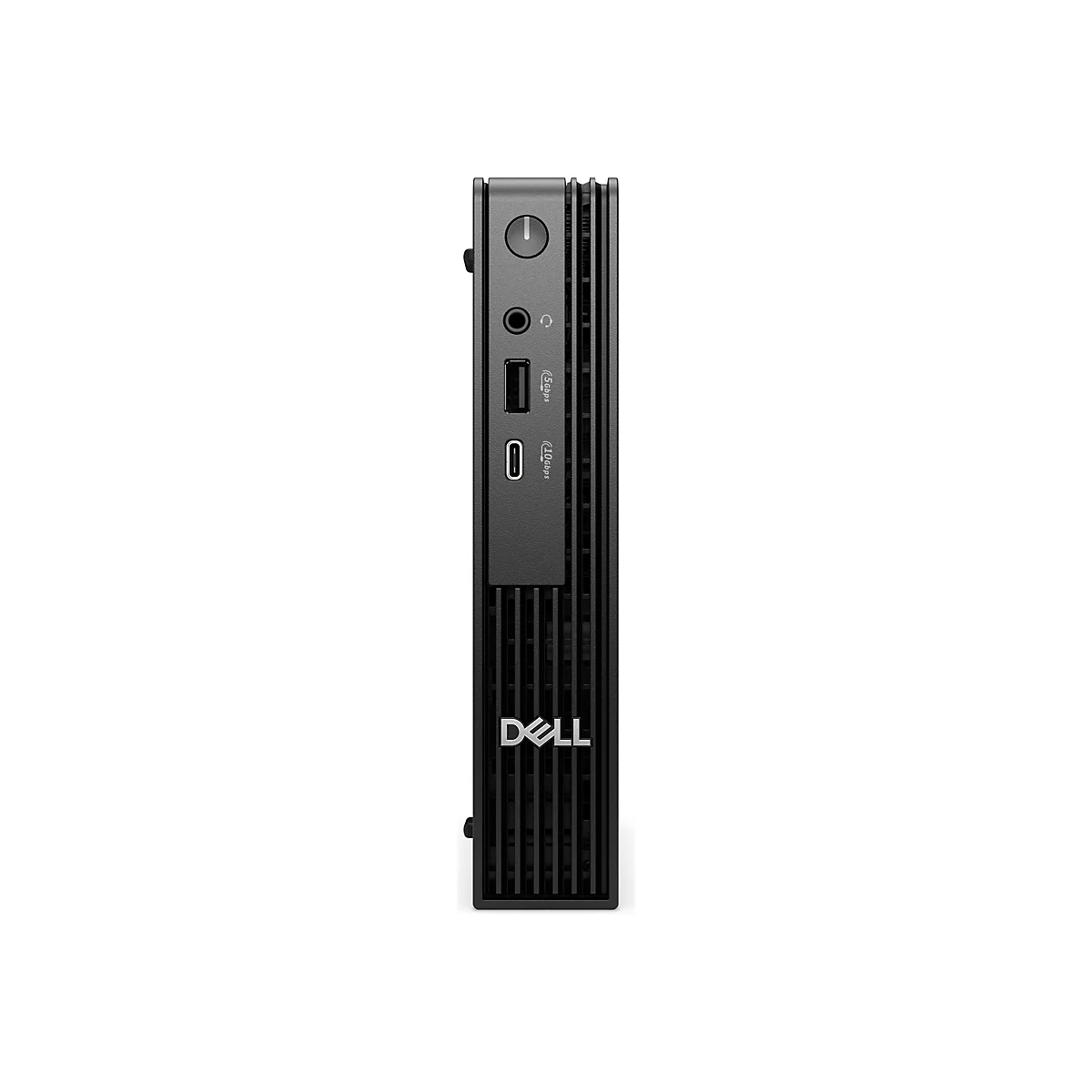 Mini-PC Dell noir, photographié de face. En haut, il y a un bouton, une prise audio, un port USB et d'autres ports. Le logo Dell est visible en bas.
