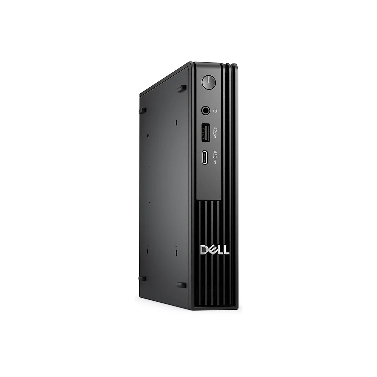 Schwarzer Dell-Mini-PC. Seitlich sind Anschlüsse und ein Power-Button zu sehen. Das Dell-Logo ist unten rechts platziert.