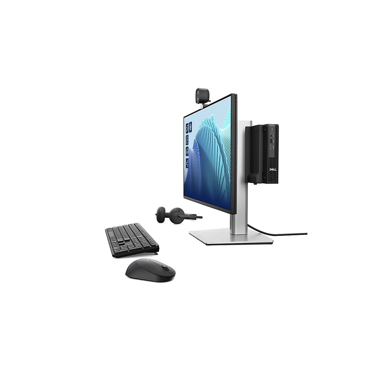 Une configuration informatique sur fond blanc. Elle se compose d'un moniteur avec webcam, d'un casque, d'un clavier, d'une souris et d'un petit boîtier informatique.