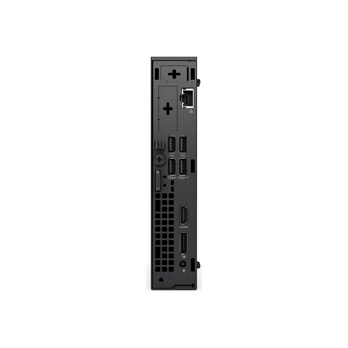 Nahaufnahme der Rückseite eines schwarzen Mini-PCs. Zu sehen sind Anschlüsse wie HDMI, USB, Ethernet und Stromanschluss.