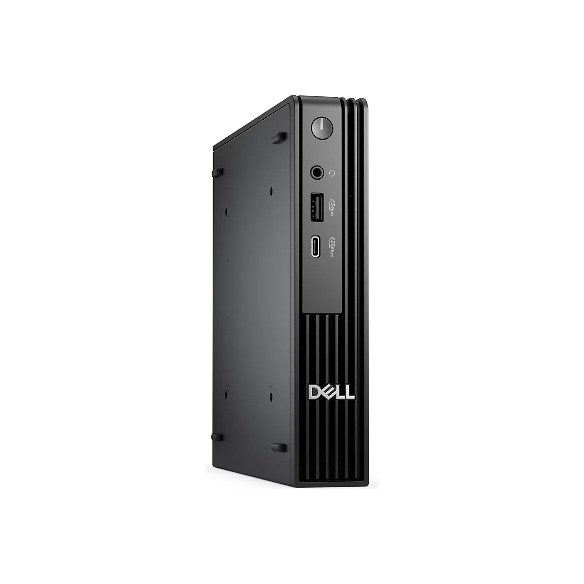 Schwarzer Mini-Desktop-Computer, Seitenansicht. Ein-Aus-Taste, USB-Anschlüsse und Kopfhöreranschluss.