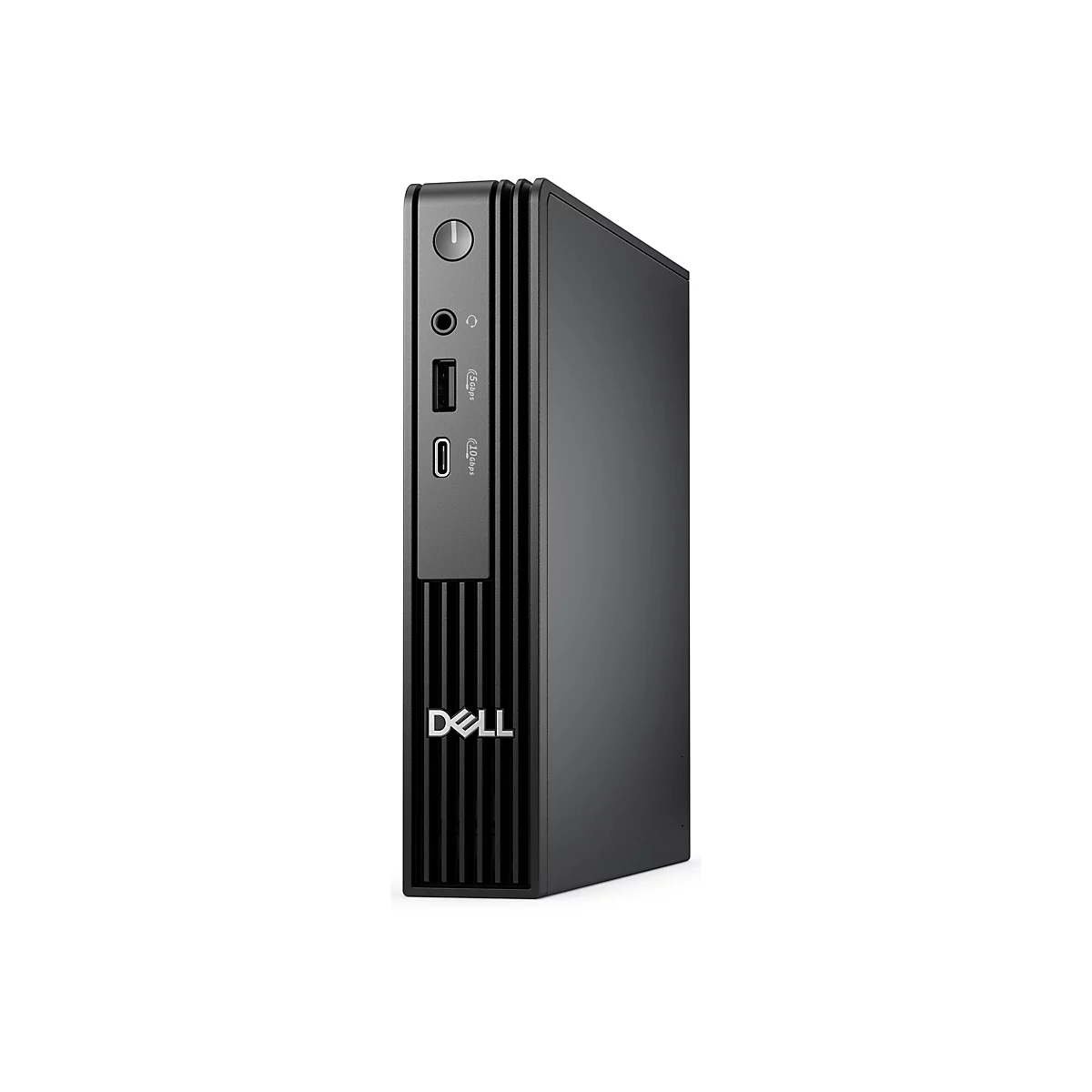 Schwarzer Desktop-PC der Marke Dell. Oben ein Einschaltknopf, darunter Anschlüsse und das Dell-Logo.