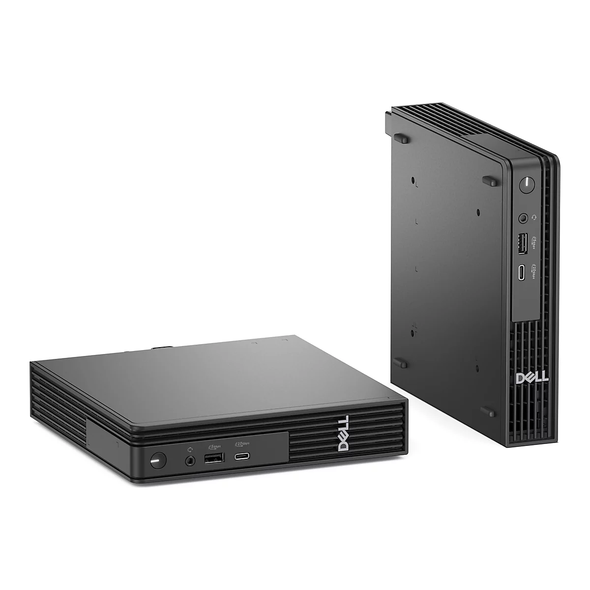 Zwei schwarze Dell Mini-Computer nebeneinander, auf weißem Hintergrund. Der linke Computer liegt flach, der rechte steht aufrecht.