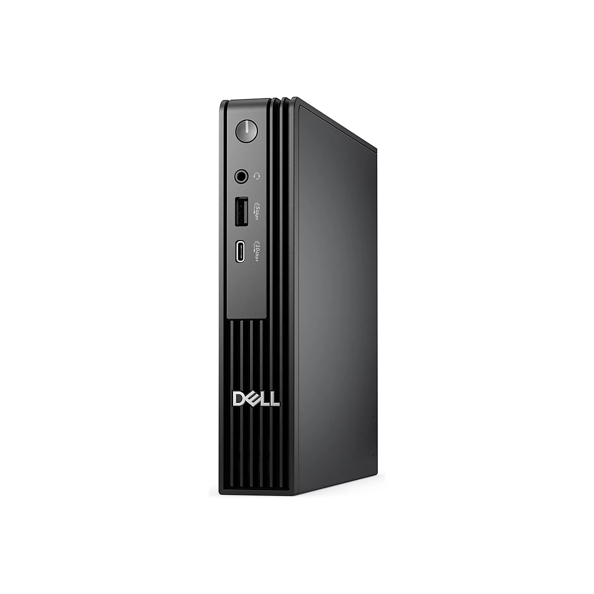 Ein schwarzer Dell Mini-PC, der aufrecht steht. Auf der Vorderseite befinden sich ein Power-Knopf, Kopfhöreranschluss, USB-Anschluss und Dell-Logo.