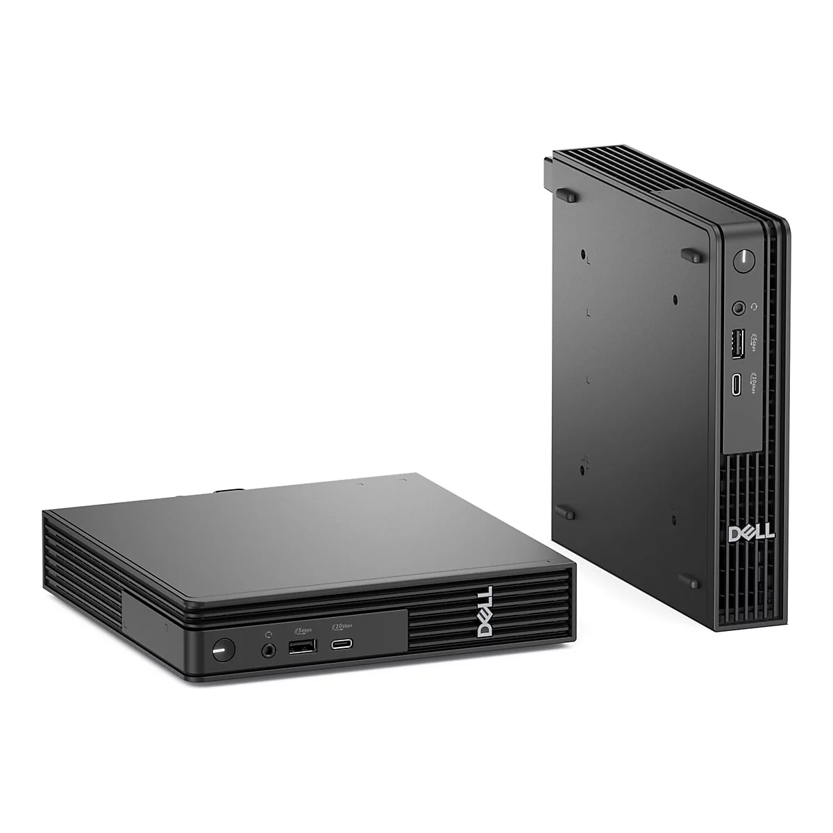 Zwei schwarze Dell Computer. Einer liegt flach, der andere steht aufrecht.