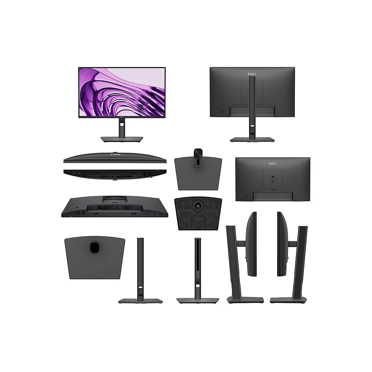 Der schwarze Dell Monitor in verschiedenen Ansichten: Vorderseite mit violettem Hintergrundbild, Rückseite, Seitenansichten, Ständer und Anschlüsse.