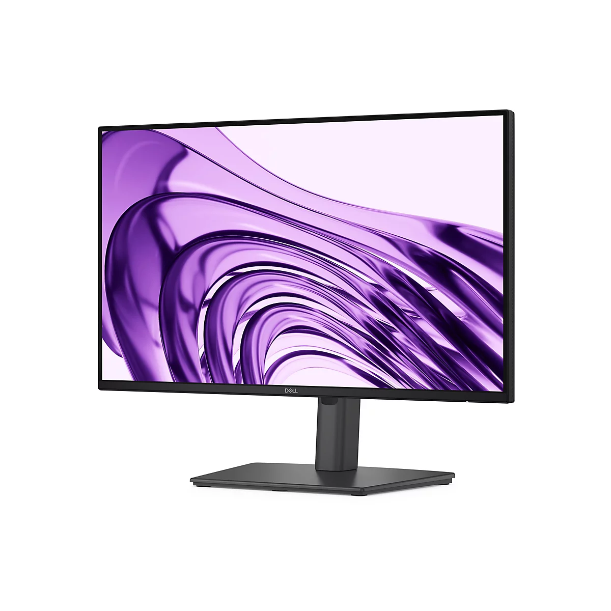 Ein schwarzer Dell-Monitor. Der Bildschirm zeigt ein violettes abstraktes Muster. Der Monitor hat einen schwarzen Rahmen und steht auf einem schwarzen Sockel. Auf dem Rahmen steht das Wort DELL.