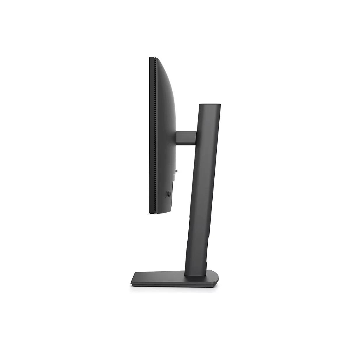 Seitenansicht eines schwarzen Monitors mit Standfuß. Der Bildschirm ist schlank und hat einen schmalen Rahmen.