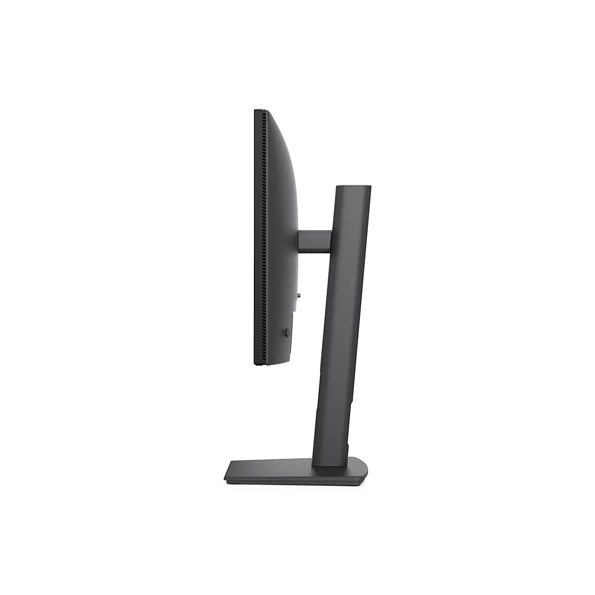 Seitenansicht eines schwarzen Monitors mit Standfuß. Der Bildschirm zeigt keine Inhalte und ist auf einem weißen Hintergrund isoliert.