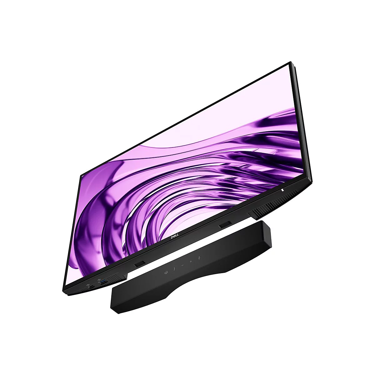 Ein schwarzer Monitor, leicht von unten betrachtet, mit einem lilafarbenen Hintergrund. Darunter eine schwarze Soundbar.