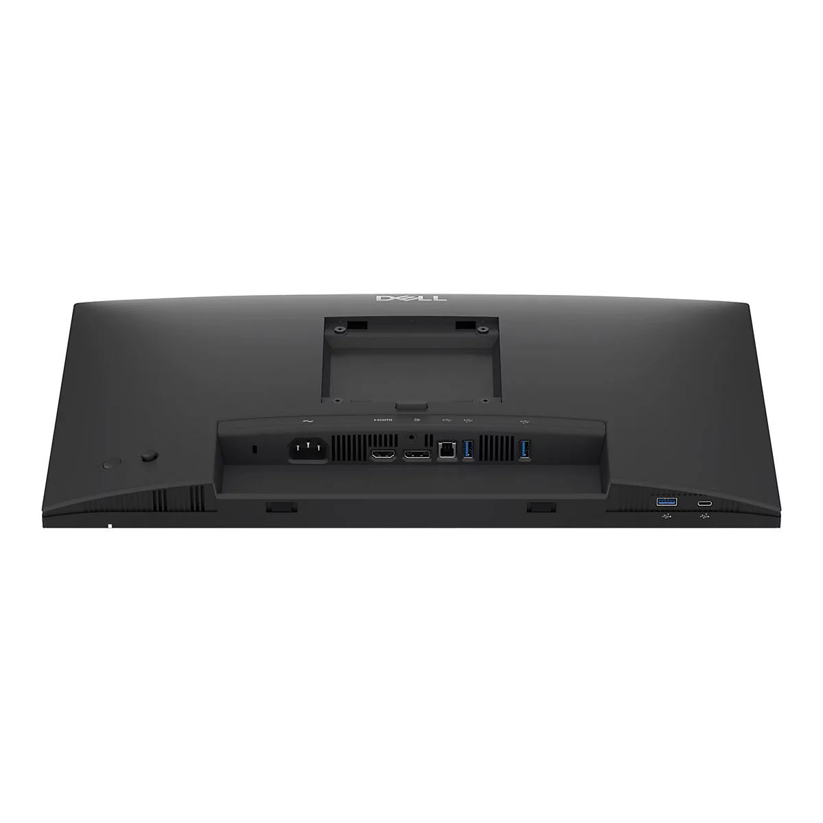 Schwarzer Monitor mit Anschlüssen, Dell-Logo oben. Rückseite mit Strom-, HDMI- und USB-Anschlüssen.