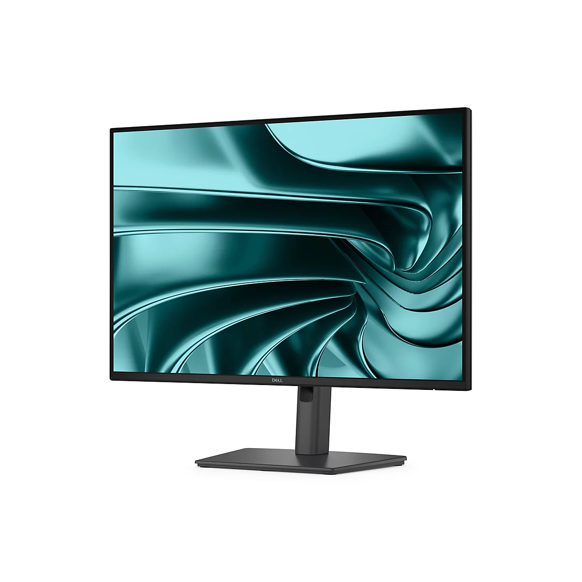 Ein schwarzer Computermonitor mit schmalem Rahmen, der vor weißem Hintergrund steht. Auf dem Bildschirm ist ein abstraktes, gewelltes Muster in Türkis zu sehen. Unterhalb des Bildschirms ist das Dell-Logo zu sehen.