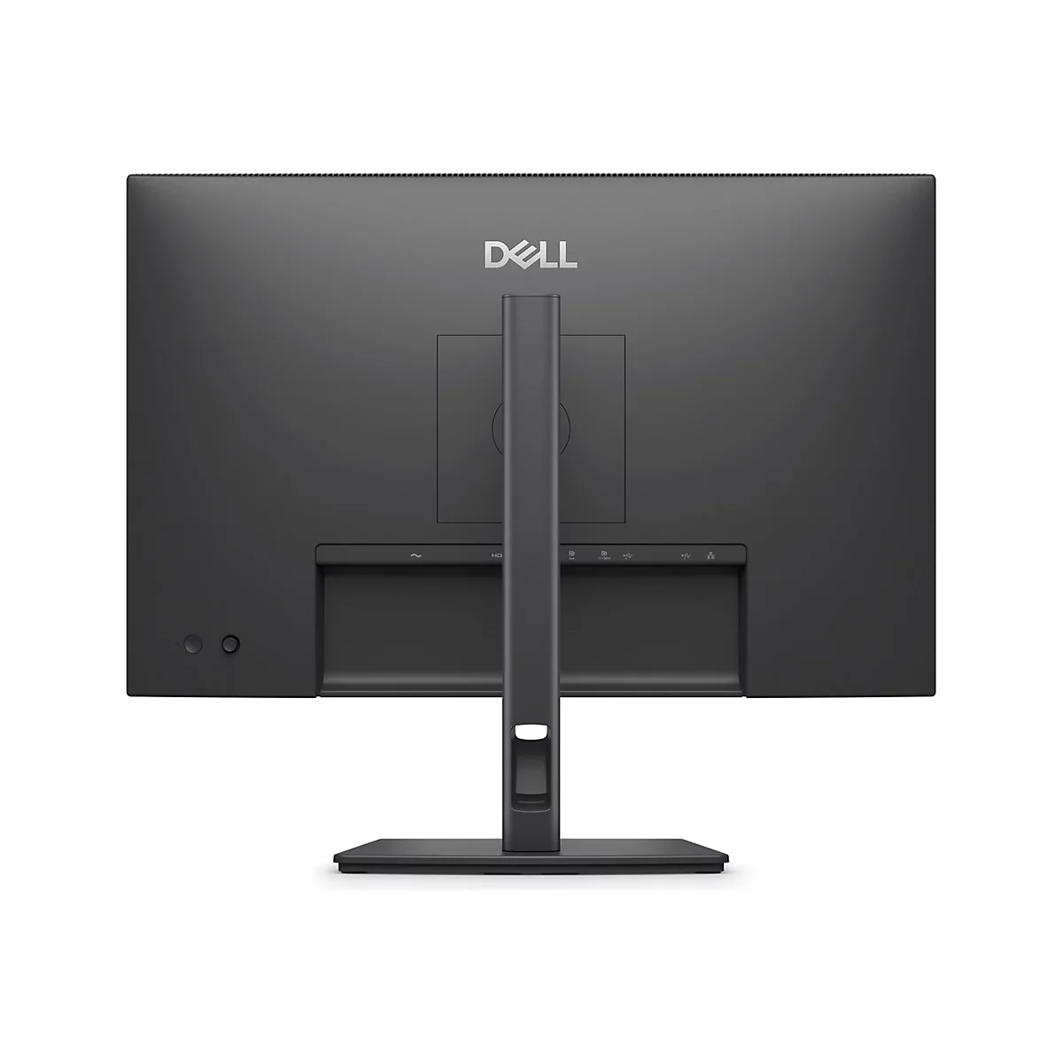 Rückseite eines schwarzen Dell-Monitors mit Standfuß. Das Dell-Logo ist oben zentriert. Anschlüsse und Knöpfe sind unten.