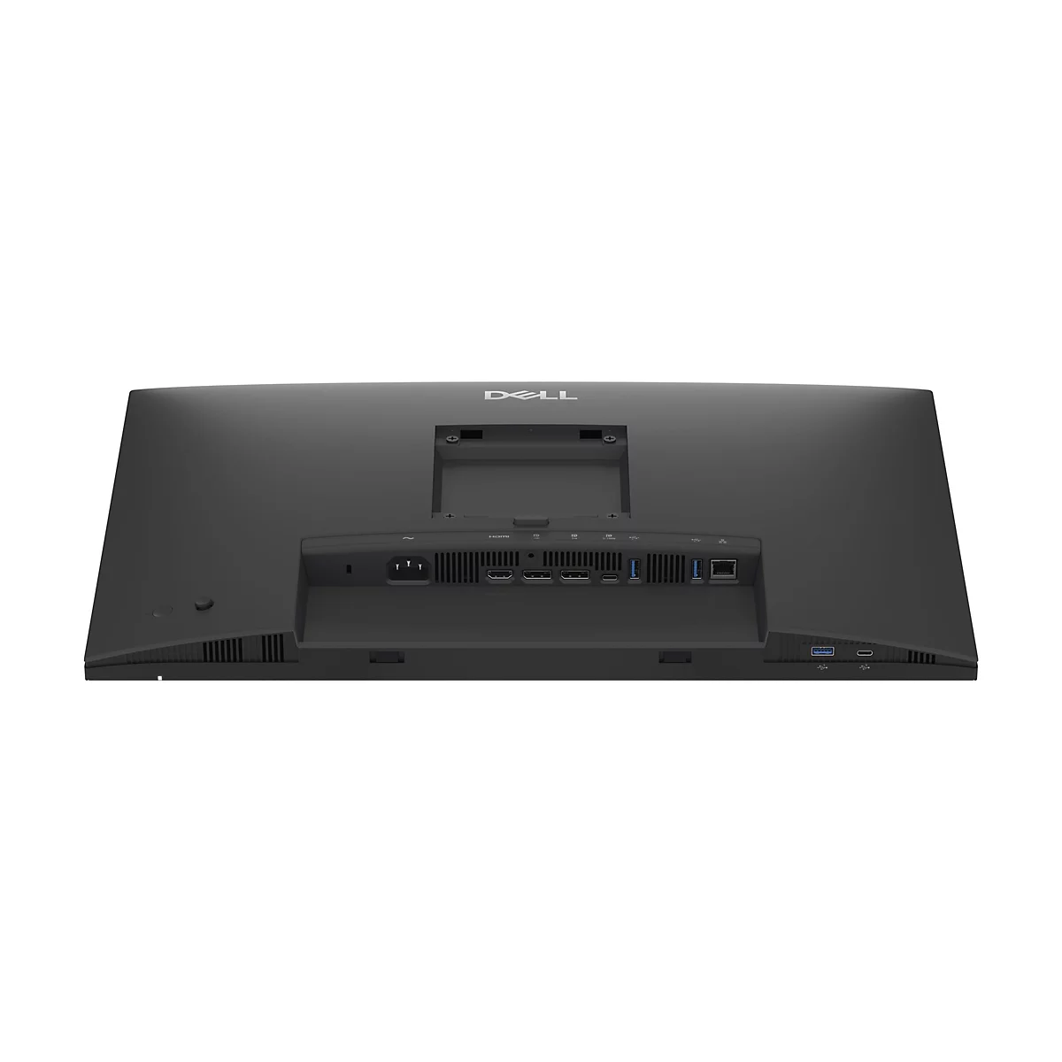Rückseite eines schwarzen Dell-Monitors, Anschlüsse für Strom, HDMI und USB.
