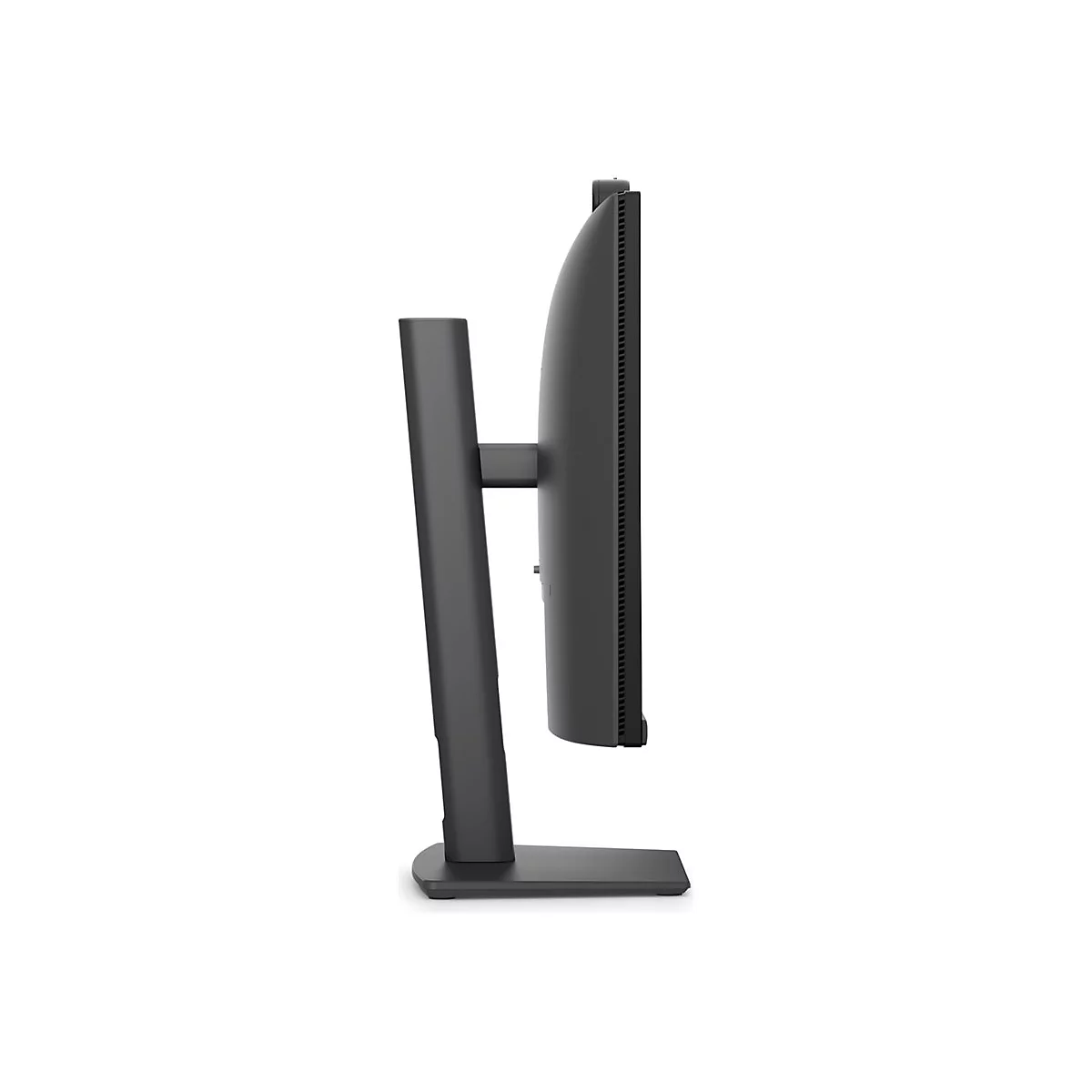 Seitliche Ansicht eines schwarzen Monitors auf einem Standfuß vor weißem Hintergrund.